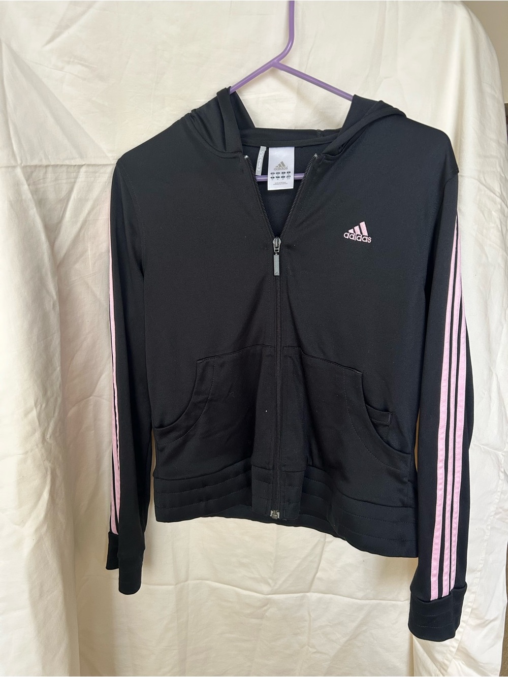 adidas Black Hoodie with Light Pink Stripe Accents